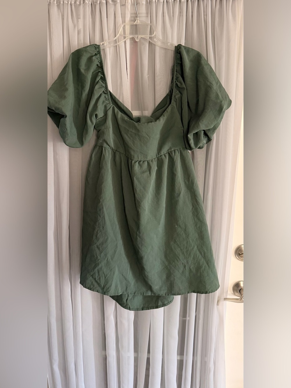 miami Olive Green Puff-Sleeve Babydoll Mini Dress Large
